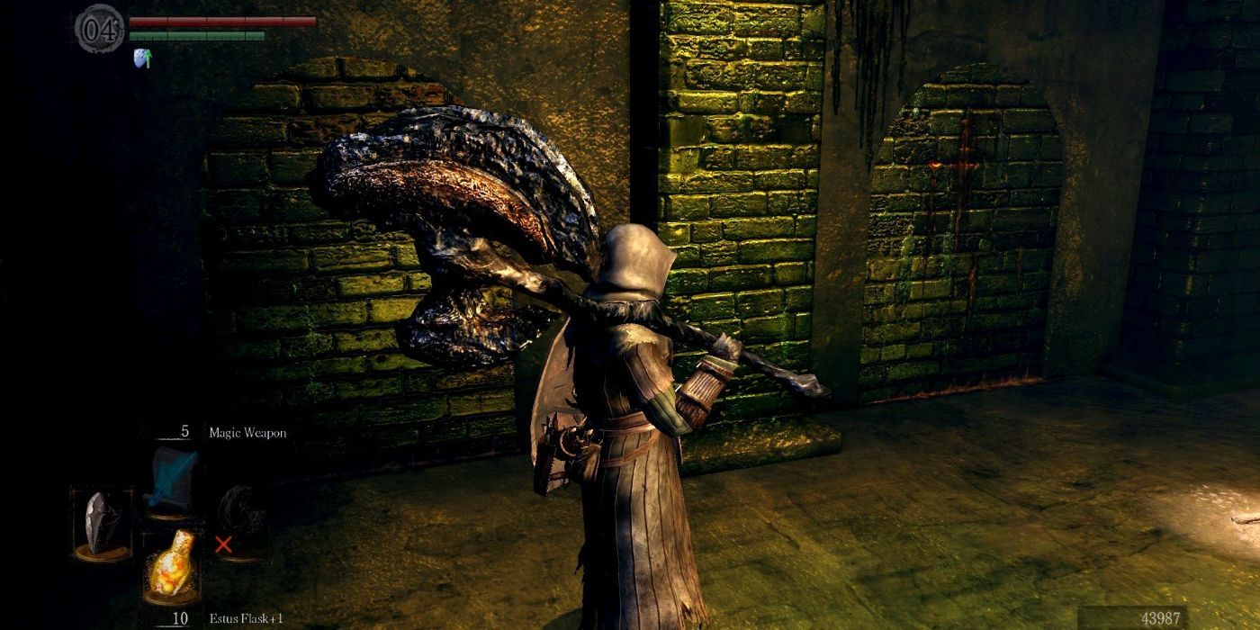 The player wields the Dragon King Greataxe.