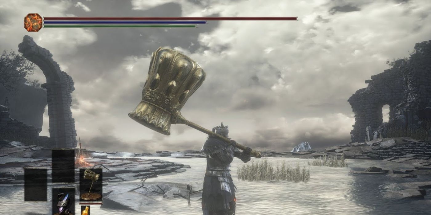 The player wields Smough's Hammer in Dark Souls.