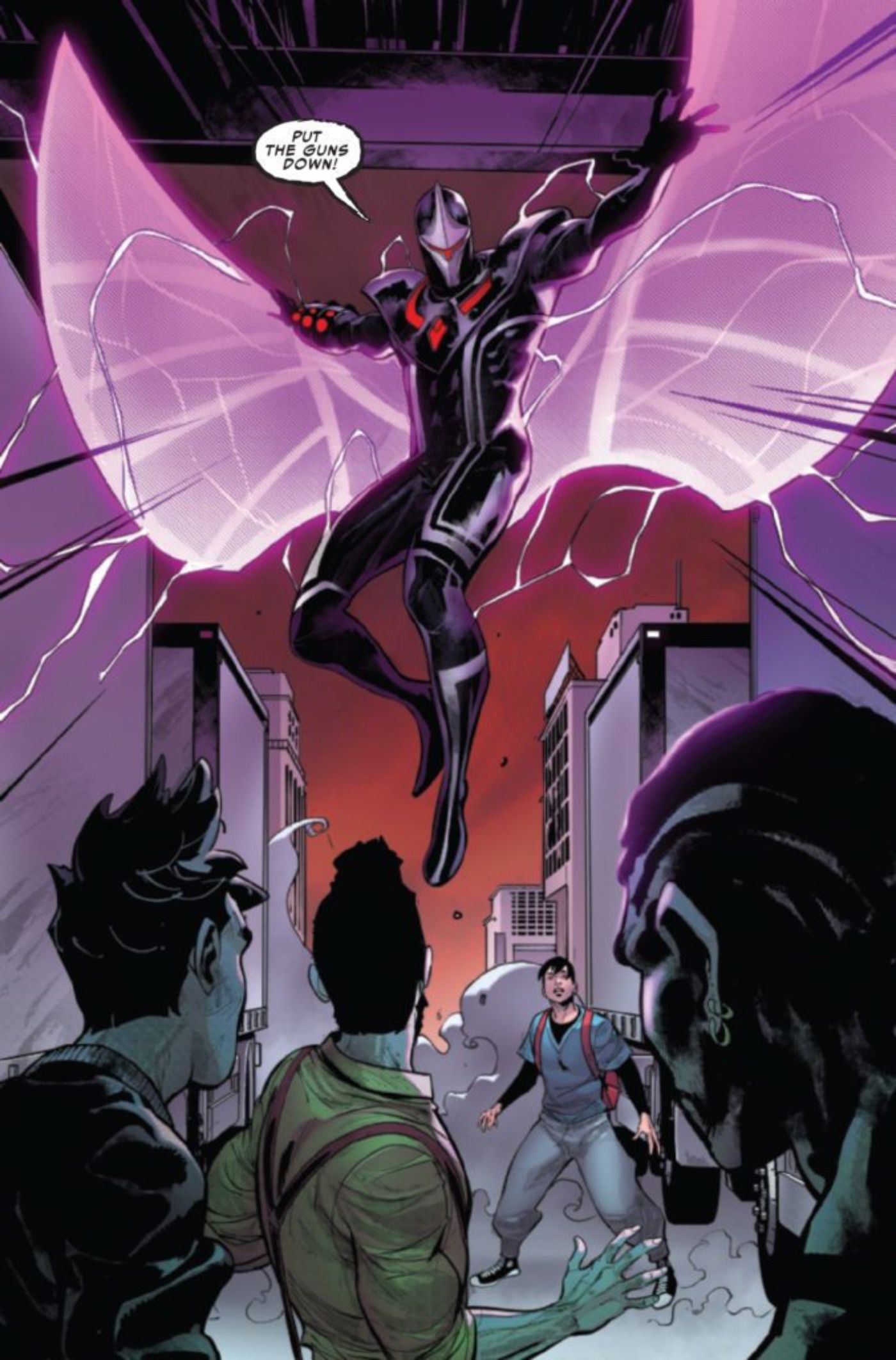 Darkhawk flying above, ordering the robbers to drop their guns