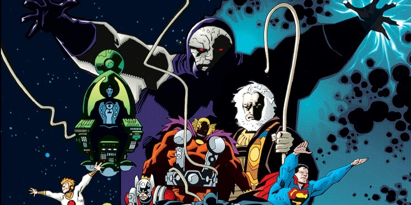 Darkseid looms over Superman and other heroes on cover of Cosmic Odyssey comic.