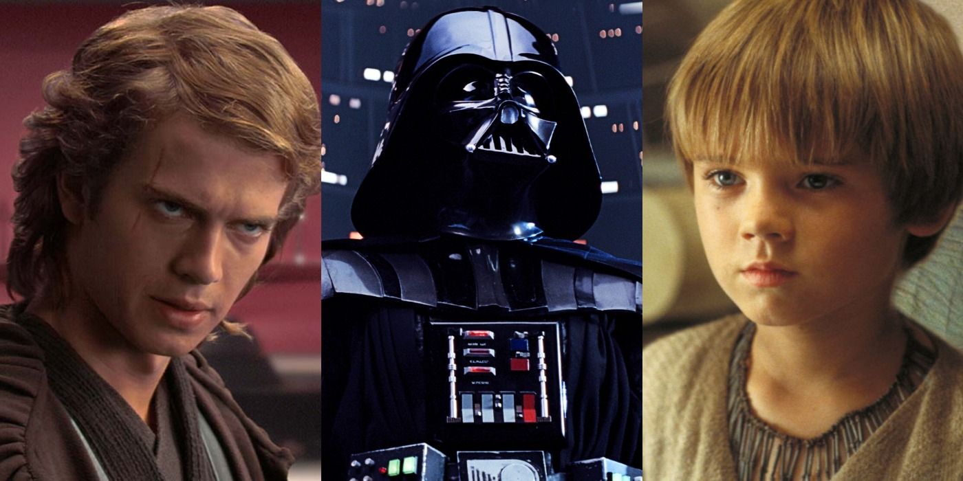 Split image: Anakin looks angry/ Darth ader in the senate/ Young Anakin looks innocent