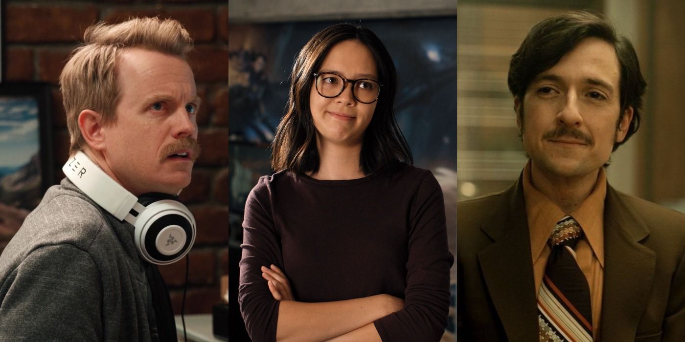 Three images showing David, Poppy, and CW in the show Mythic Quest.