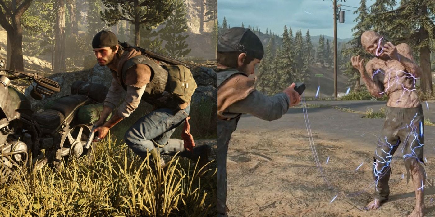 A split image of Deacon holding a gun and electrocuting a Freaker in Days Gone.