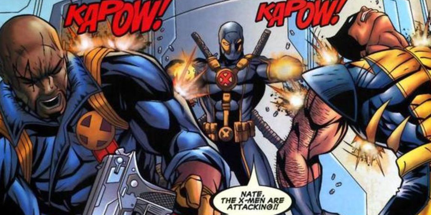Deadpool atirando em Wolverine e Bishop.