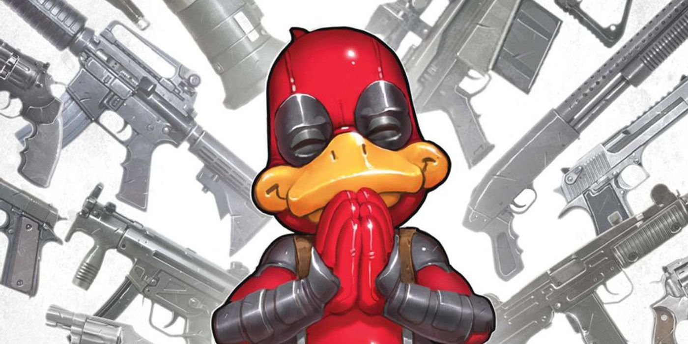 Deadpool the Duck surrounded by guns.