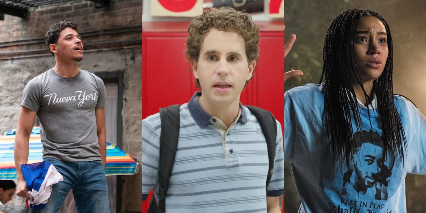 Split image of stills from In the Heights, Dear Evan Hansen, and The Hate U Give