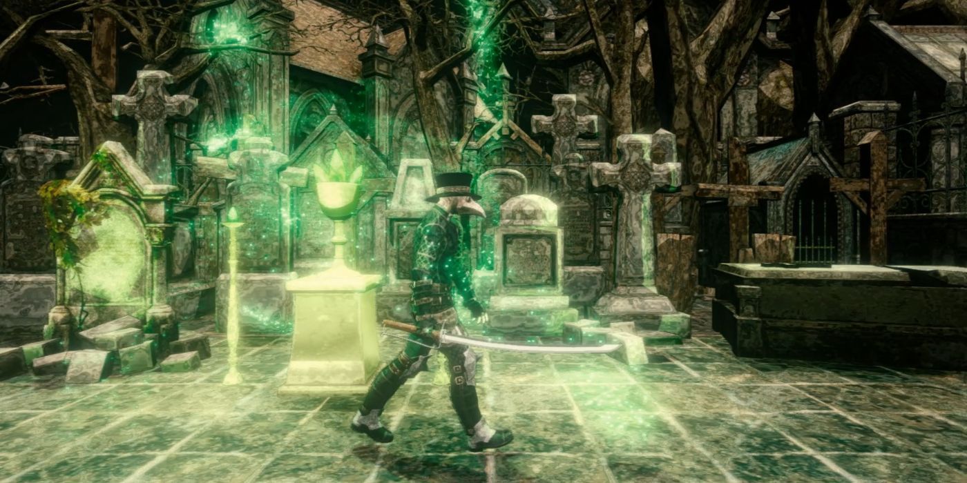 A man wearing a plague doctor mask walking through a cemetery in the video game, Death Cathedral