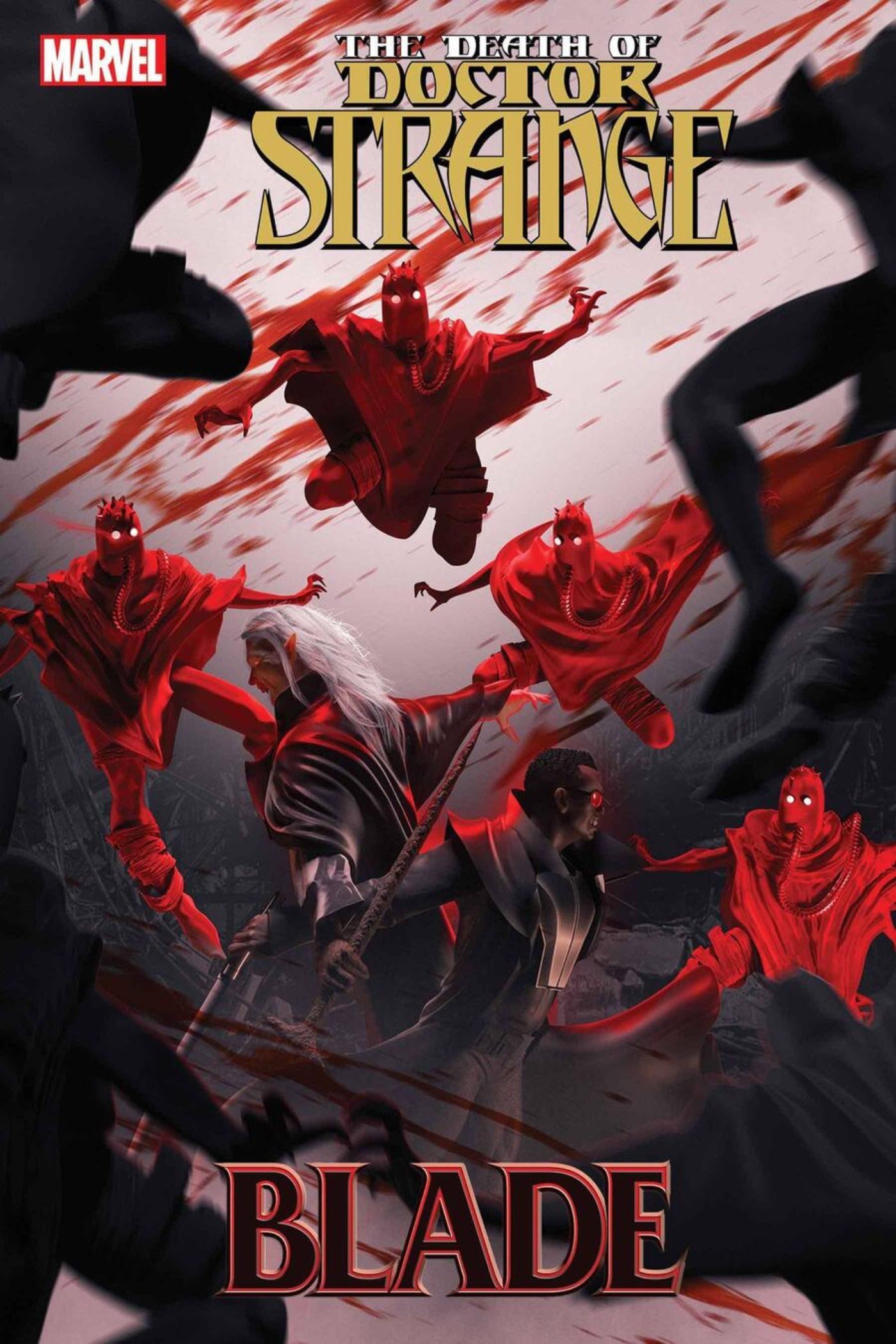 Dracula and Blade are fighting red-clad invaders from another dimension