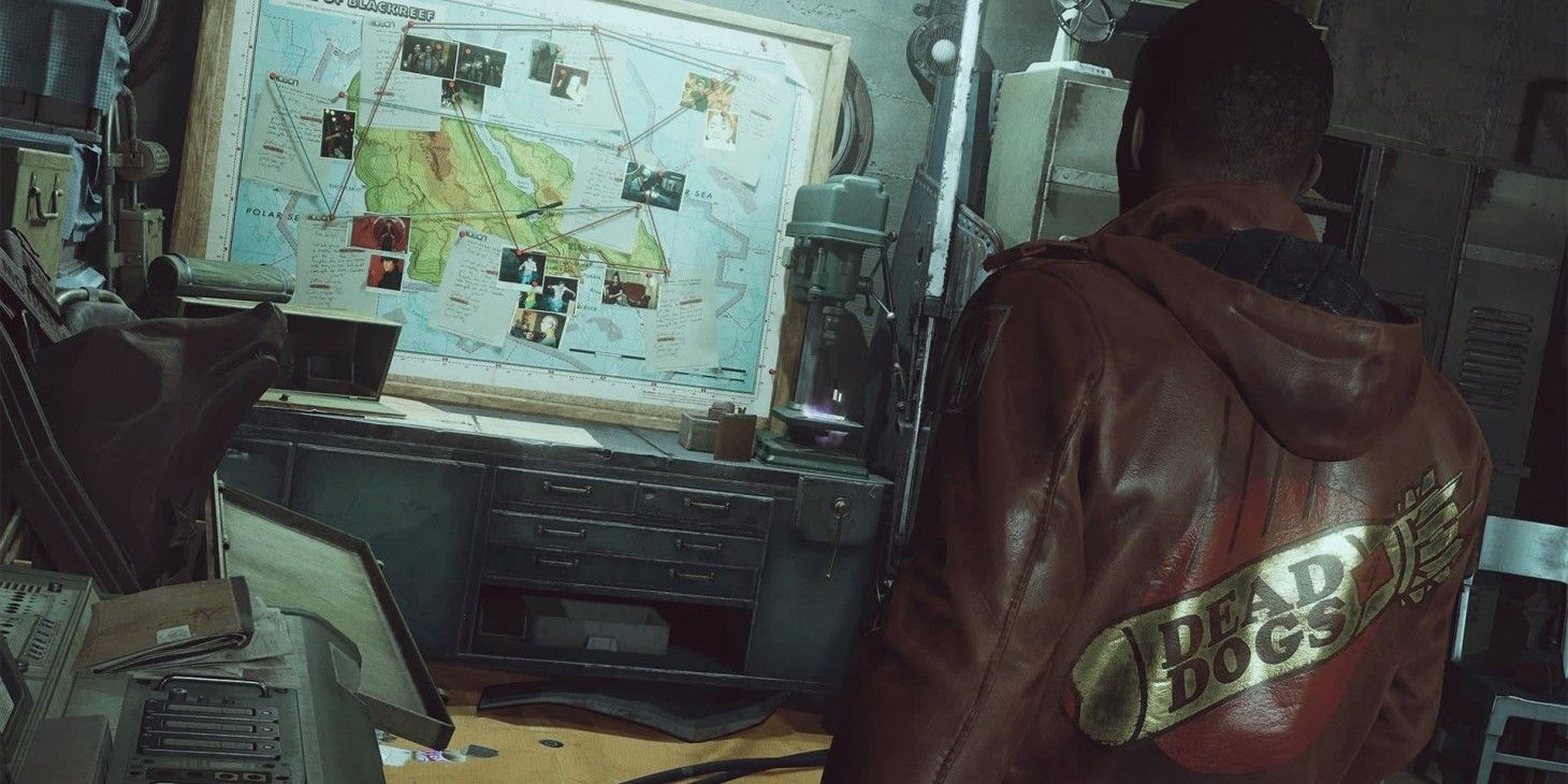 Deathloop Colt standing in front of a map with strings