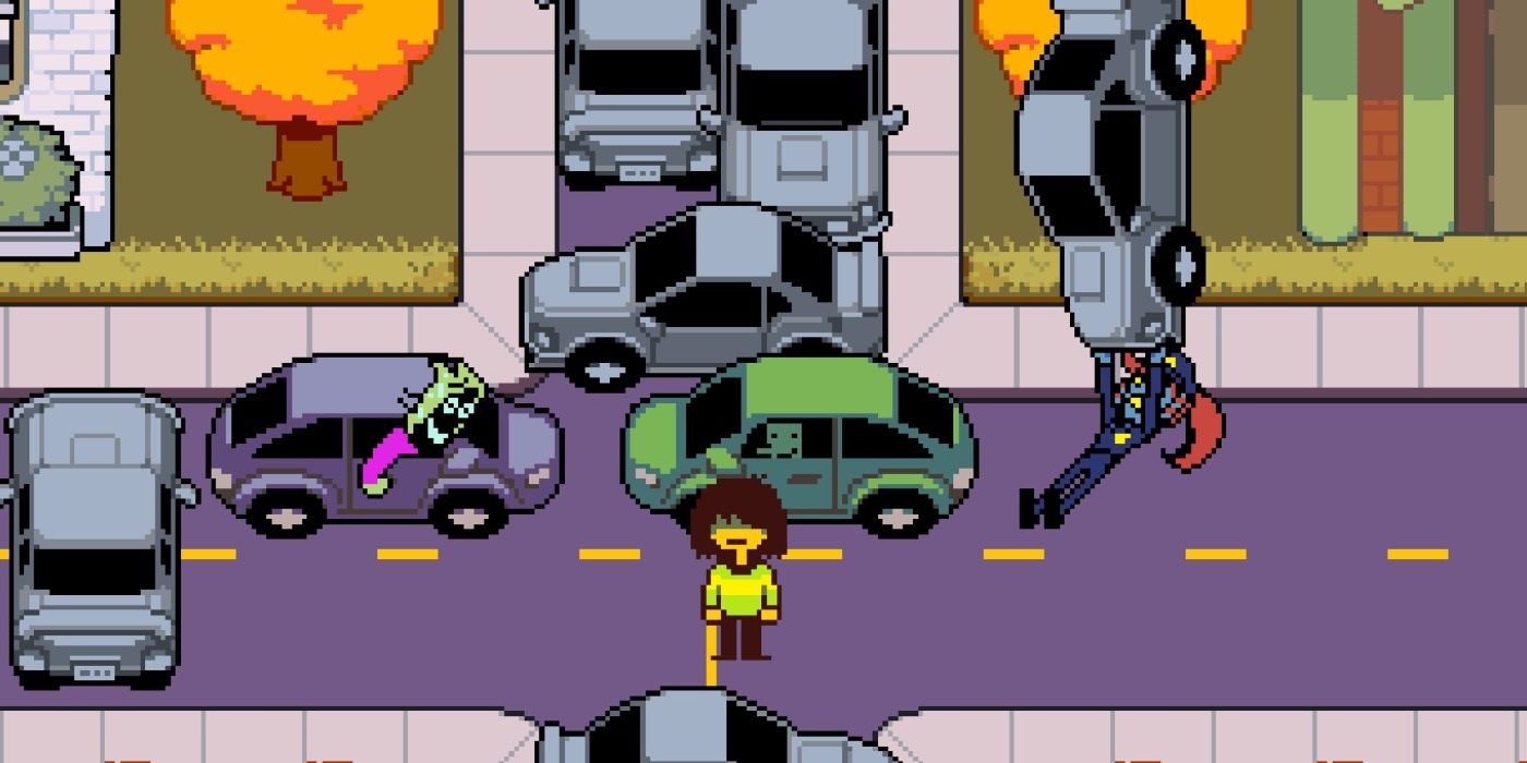 Kris watches as Officer Undyne lifts an entire car in the middle of heavy traffic in Hometown
