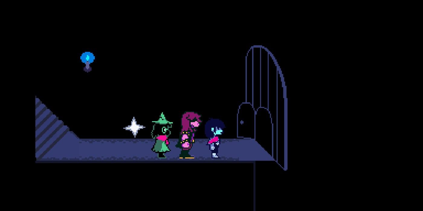 A Deltarune player's party standing outside the door to the game's secret boss