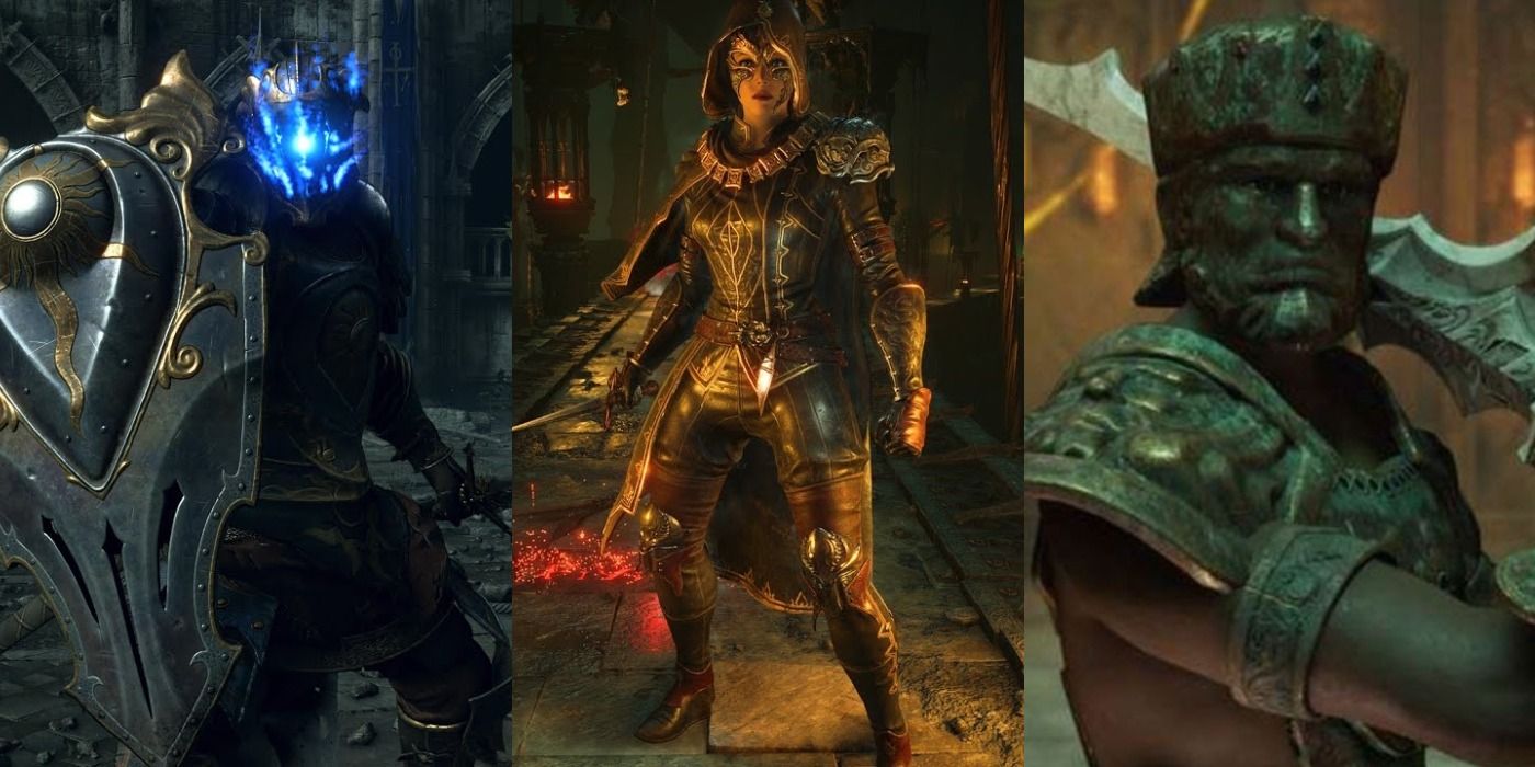 Split image of The Blue-Eyed Knight Set, Rogue Set, and Ancient King's Set from Demon's Souls, shown side by side.