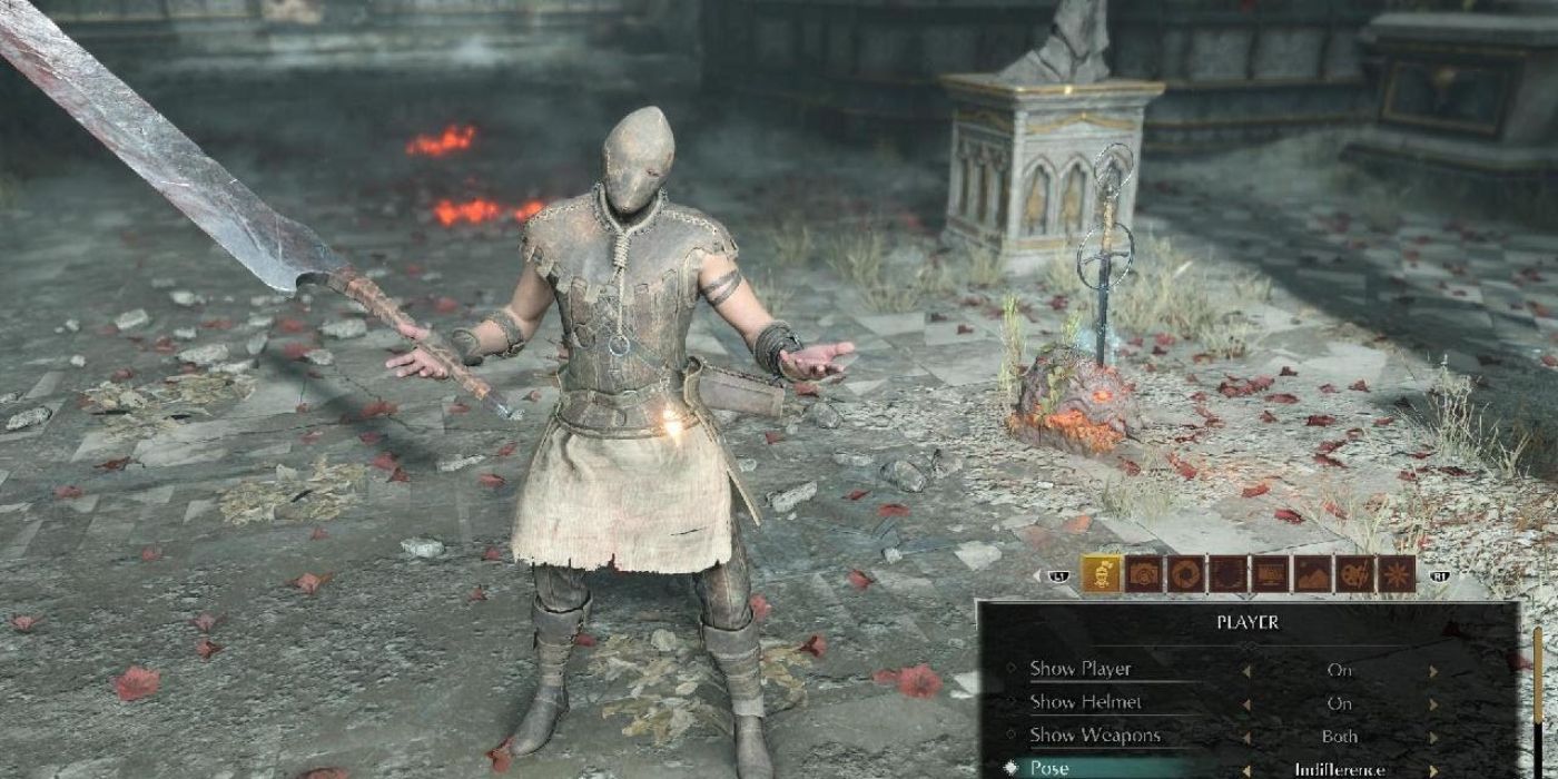 The player wears the Binded Cross Set in Demon's Souls.