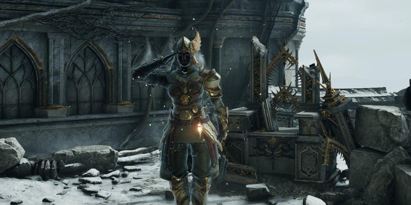 The player wears the Dull Gold Set in Demon's Souls.