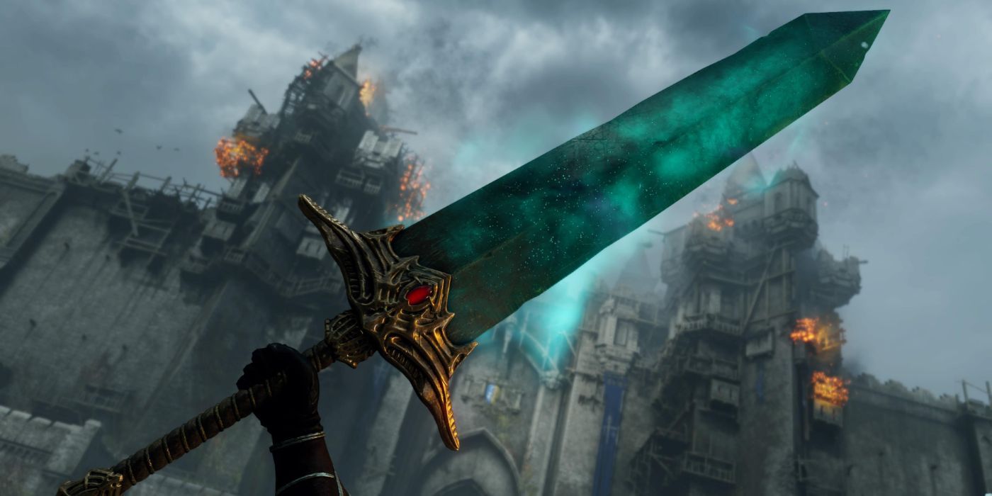 The player holds the green glowing Large Moonlight Sword aloft in Demon's Souls.