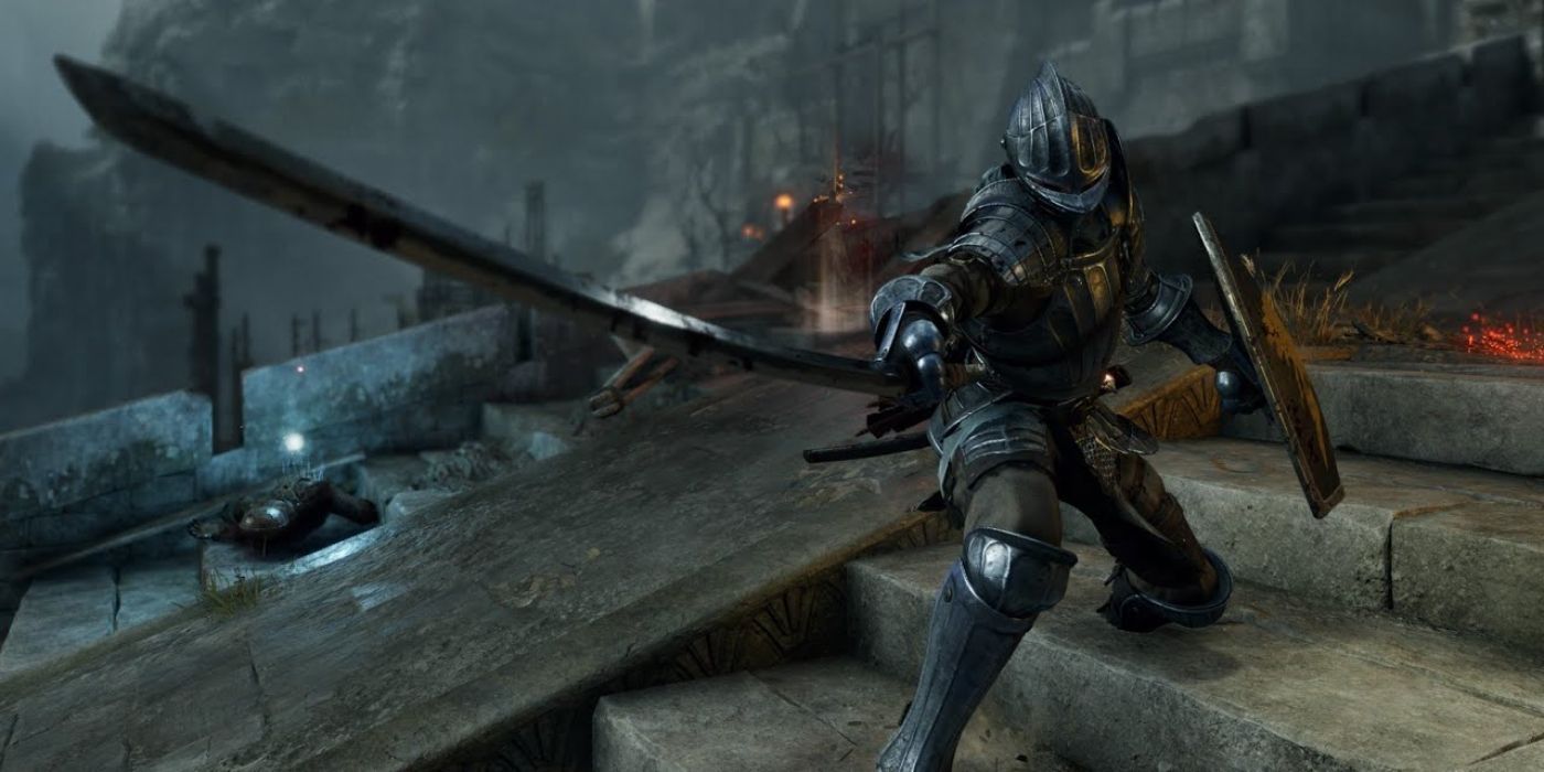 The player wields Makoto in Demon's Souls, pointing the katana toward the camera.