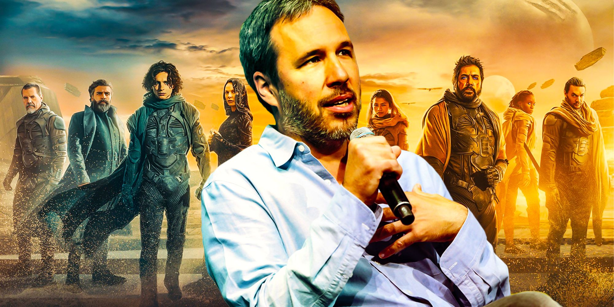 Denis Villeneuve giving interview with Dune characters poster in the background