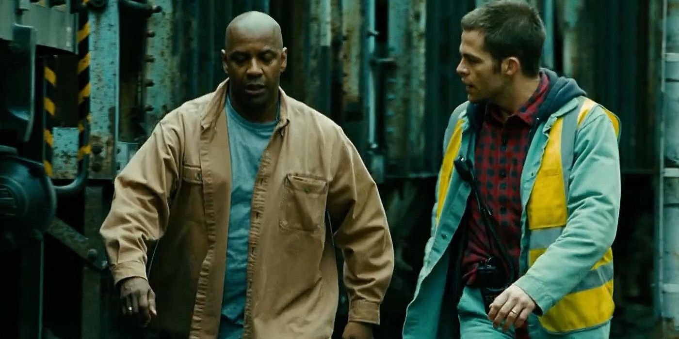 Denzel Washington as Frank Barnes and Chris Pine as Will Colson walking and talkin in Unstoppable 