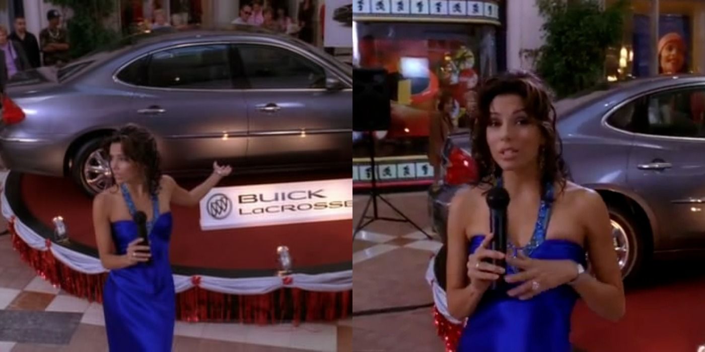 Split image showing Gabrielle talking about the car in Desperate Housewives