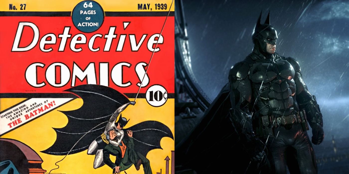 Split image of cover art for Batman's debut in Detective Comics #27 and Batman in Arkham Knight