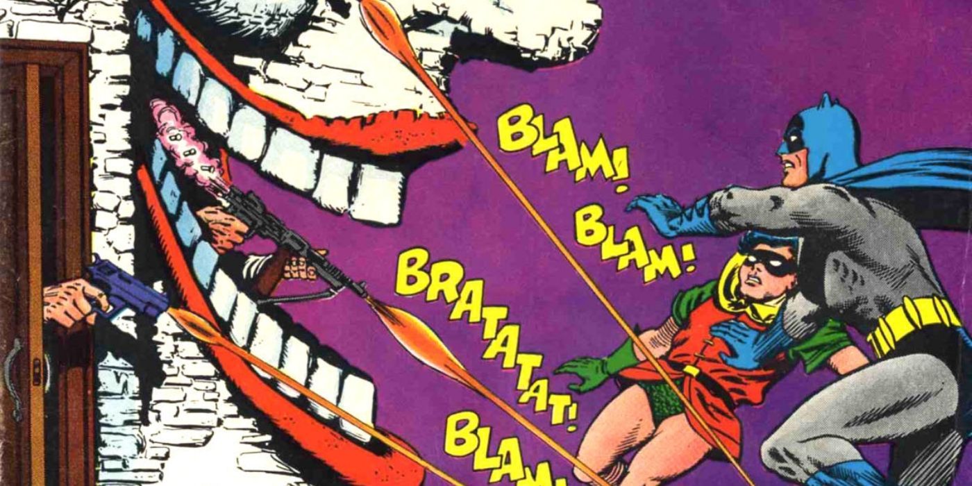 a group of arms reach outside a house and shoot at Batman and Robin