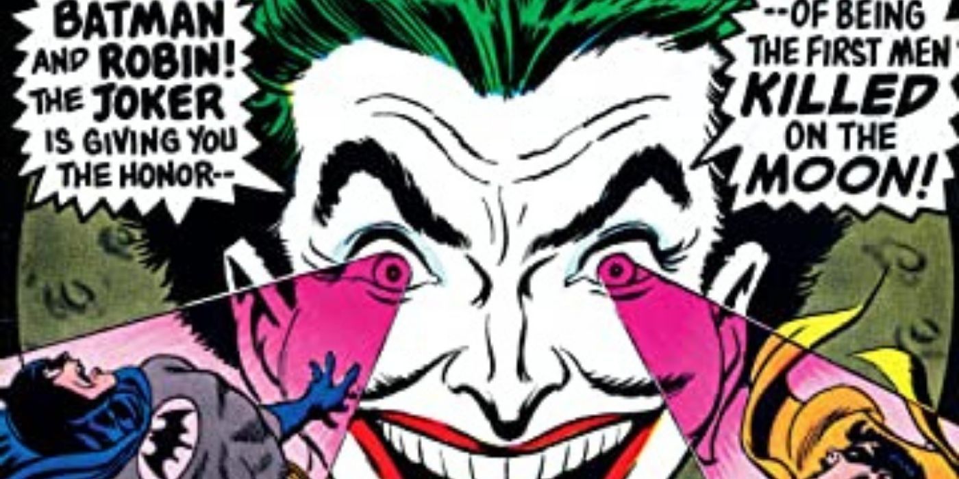 Joker shooting lasers from his eyes and attacking Batman and Robin