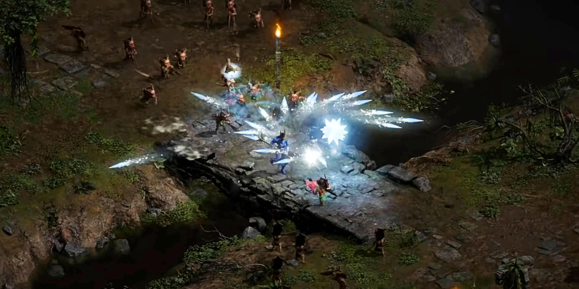Diablo 2 Resurrected - Sorceress - Cold Attacks, shooting ice beams in a circle around the character towards a mob of monsters
