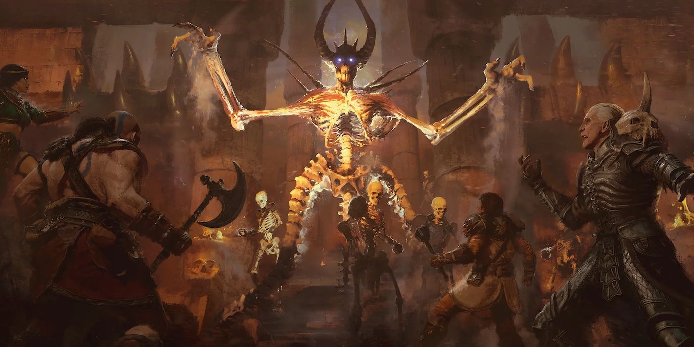 Diablo II Resurrected image of Mephisto with several heroes surrounding him