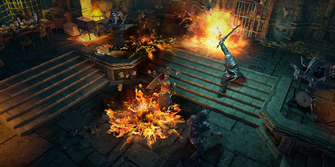 Knights battling monsters in a study in Path of Exile