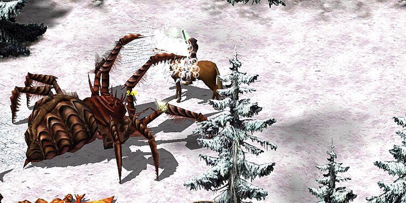 A player on horseback fights a giant spider in Sacred