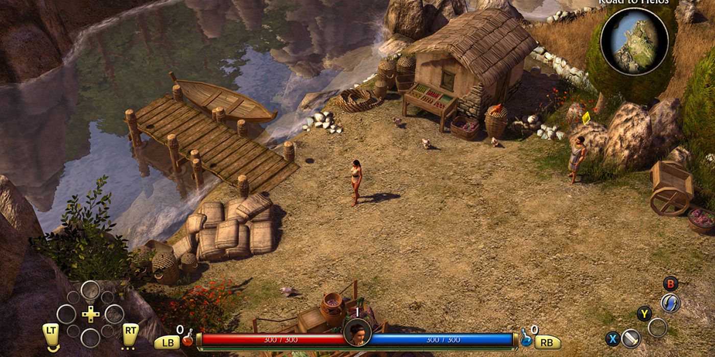 Two characters near a riverbed village in Titan Quest