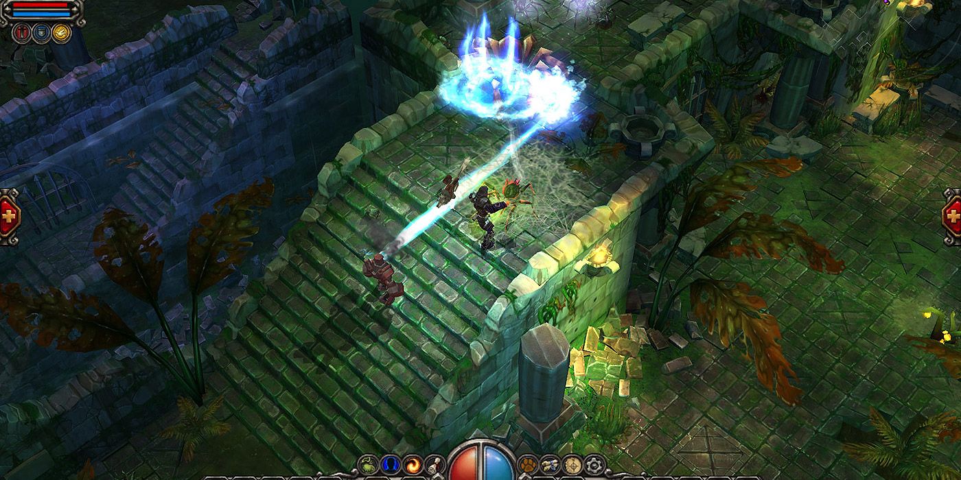 Multiple fighters take on spiders and demons in a dungeon in Torchlight