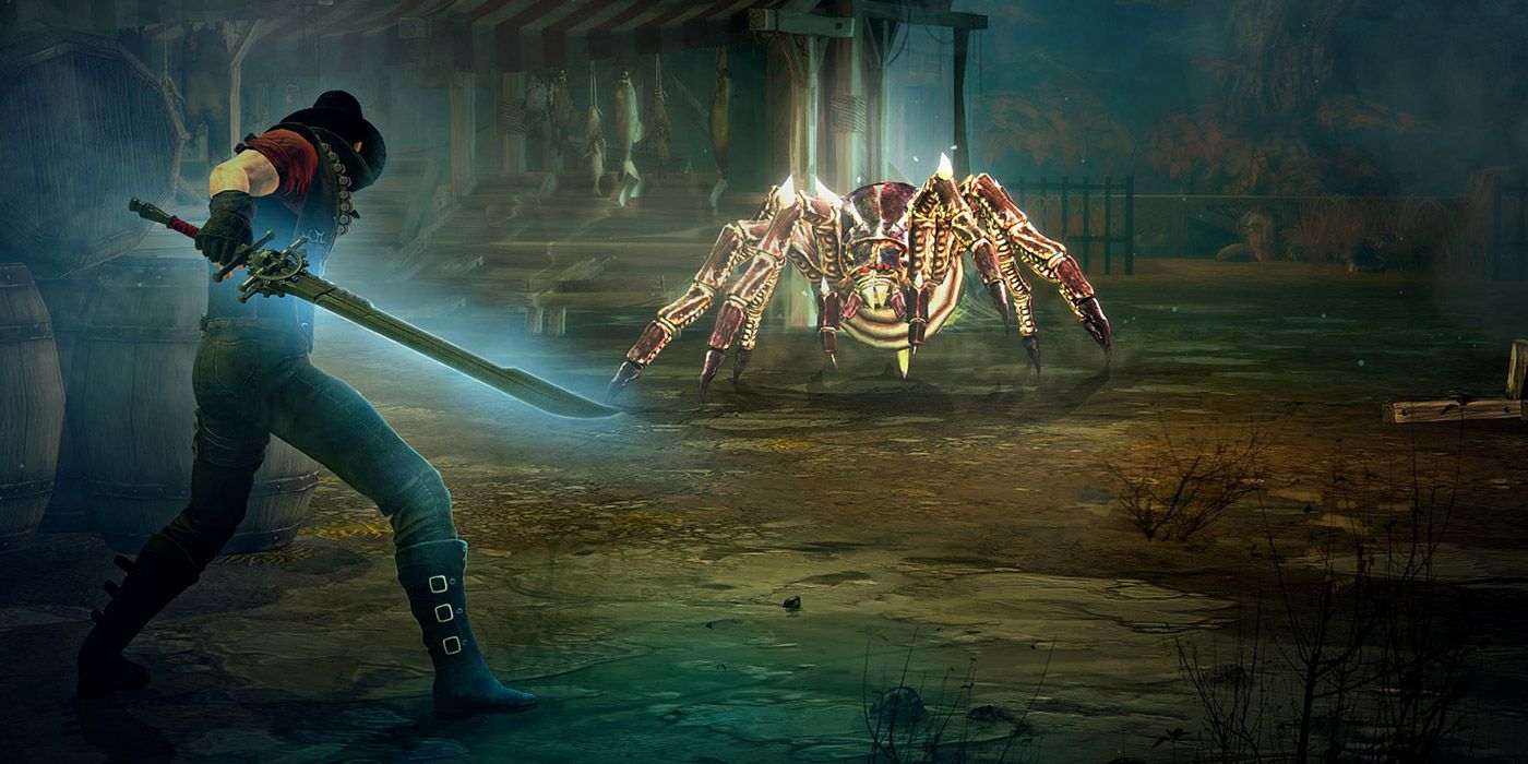 A character wields a glowing sword against a giant spider in Victor Vran