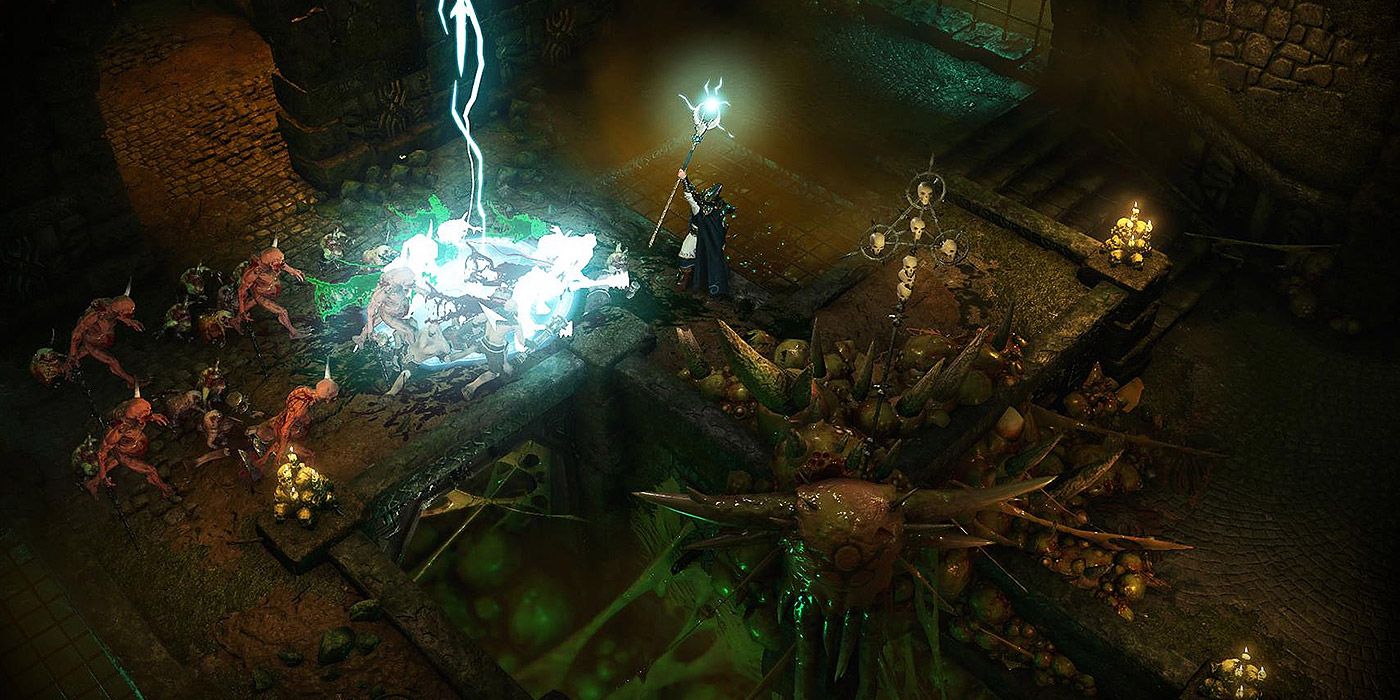 A wizard calls down a lightning strike against goblins in Warhammer: Chaosbane
