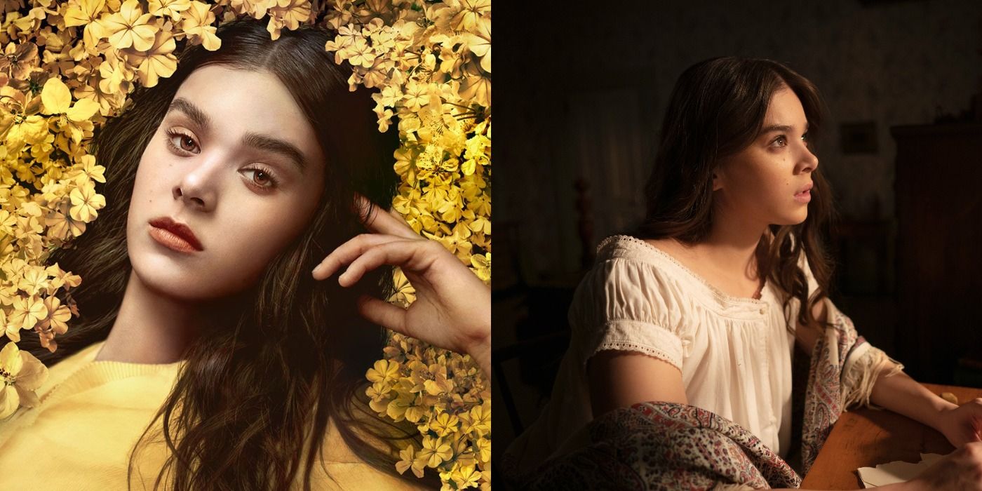 Split images of Hailee Steinfeld as Emily Dickinson