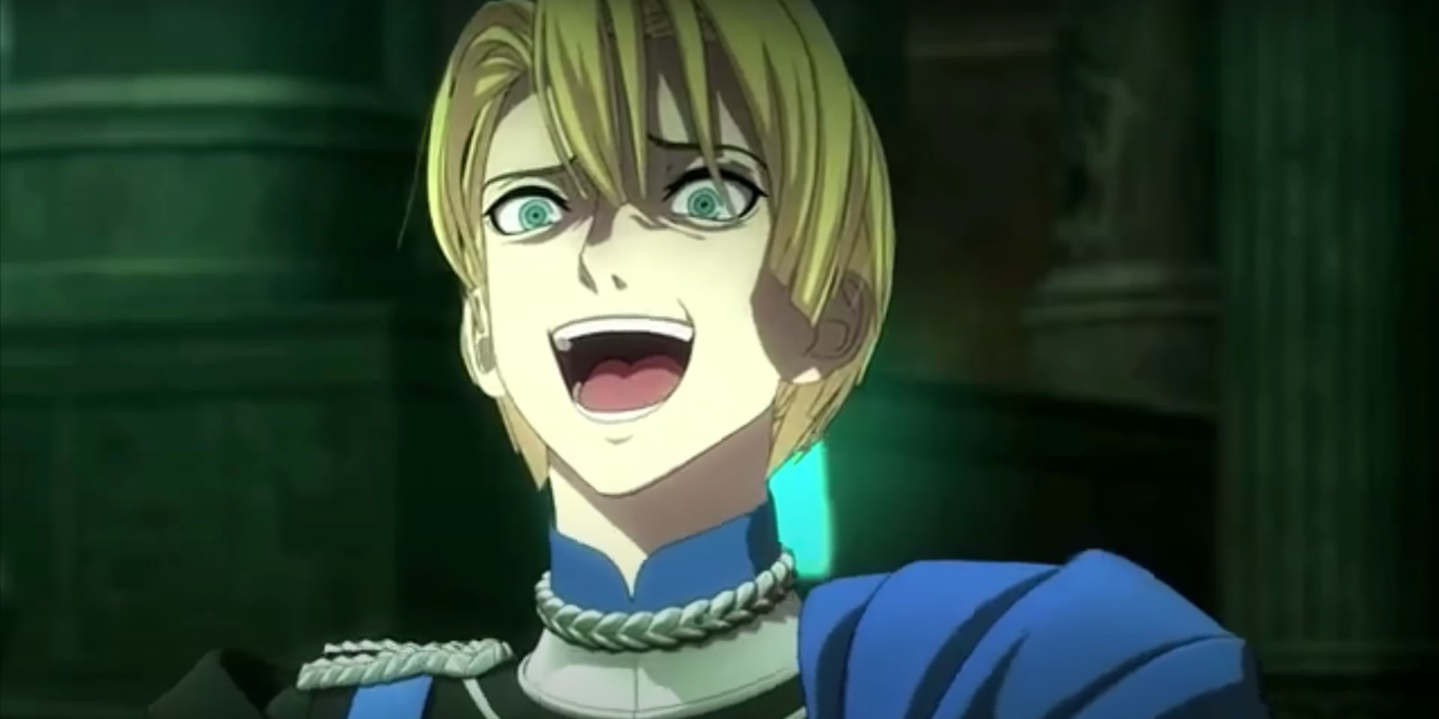 An image of Dimitri from Fire Emblem in the throes of mad laughter.