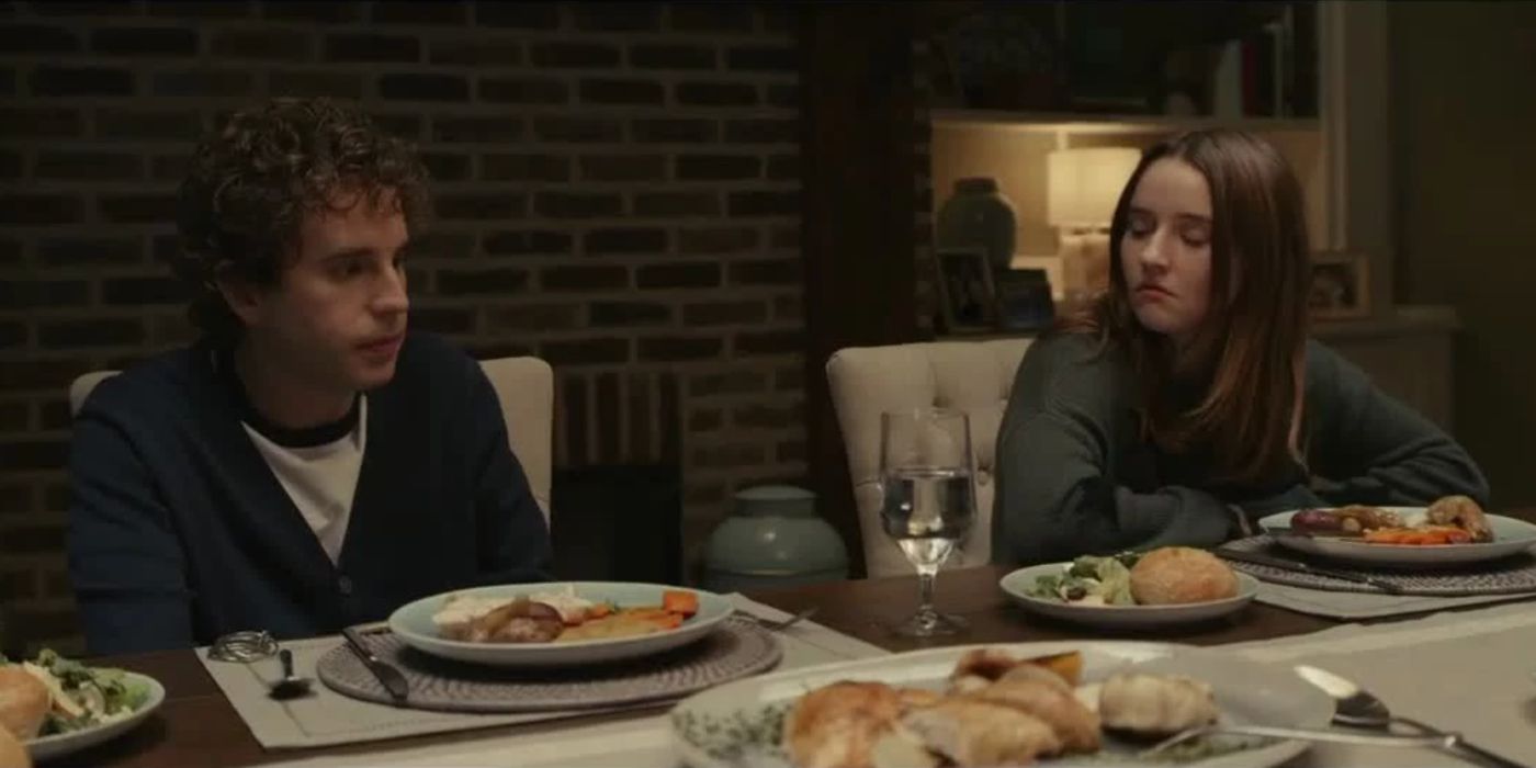 Evan and Zoe sit at the dinner table in Dear Evan Hansen