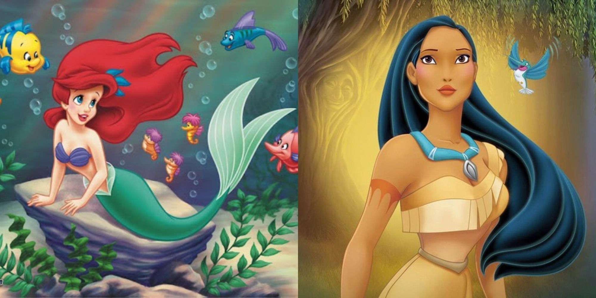 Split image showing Ariel and Pocahontas