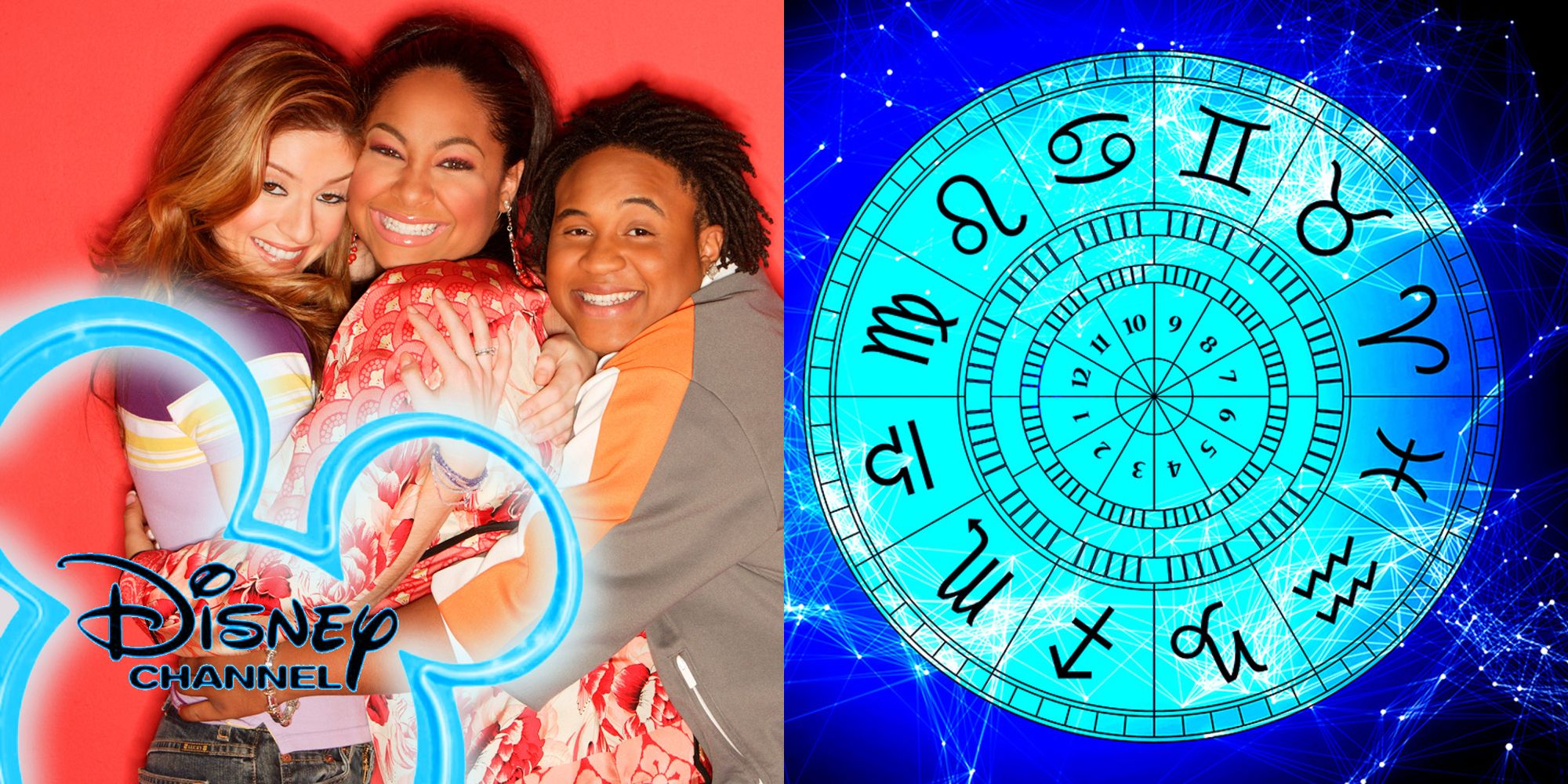 Split image: The cast of That's So Raven pose in a promo photo, the astrological zodiac