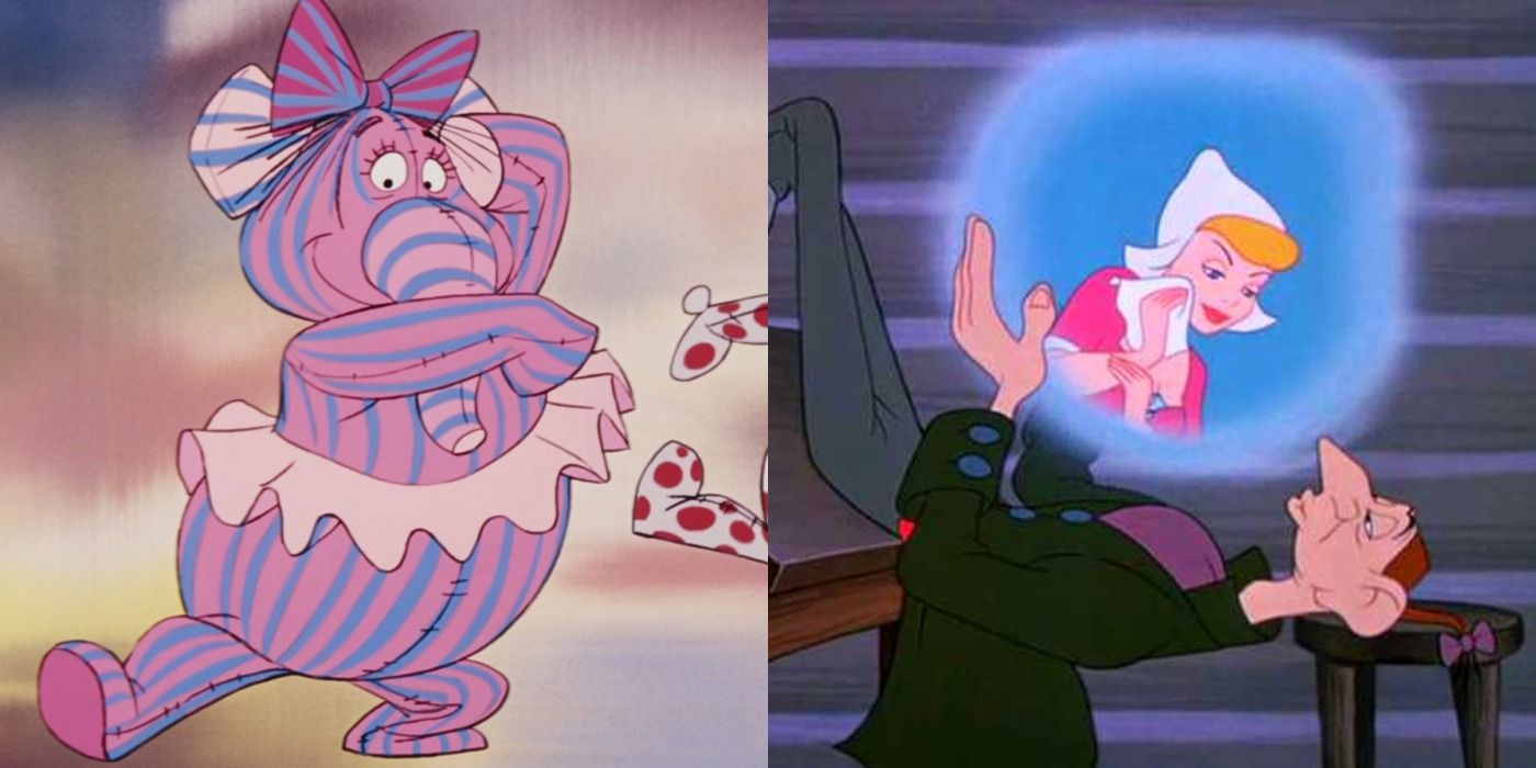 Split image of a dancing elephant and Ichabod thinking about Katrina in Sleepy Hollow