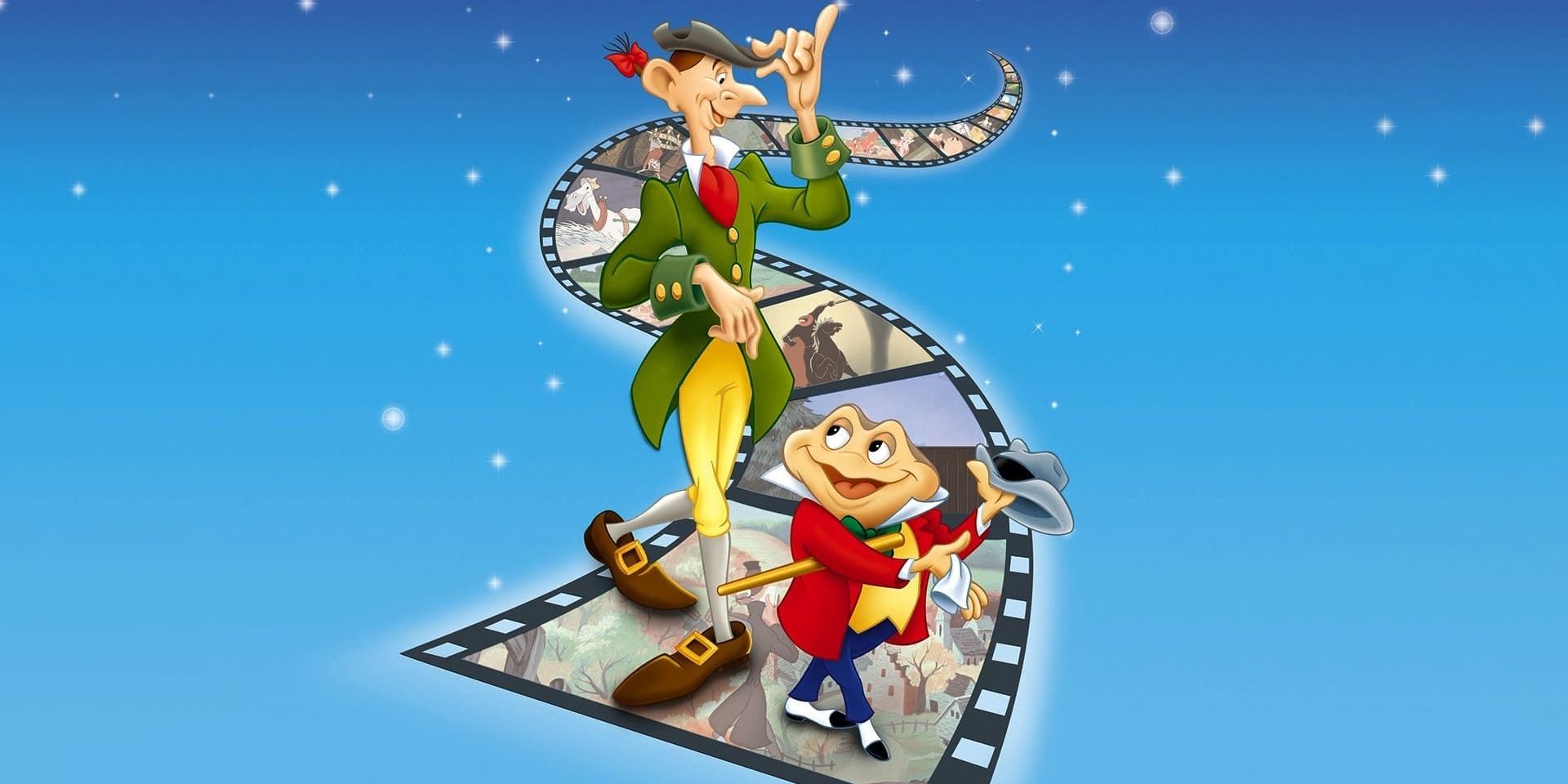 Disney&rsquo;s Ichabod Crane and Mr. Toad standing on a film reel.