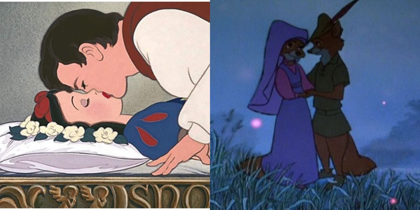Split image of SnowWhite being kissed by the prince and Robin Hood with Maid Marian in the Disney movies