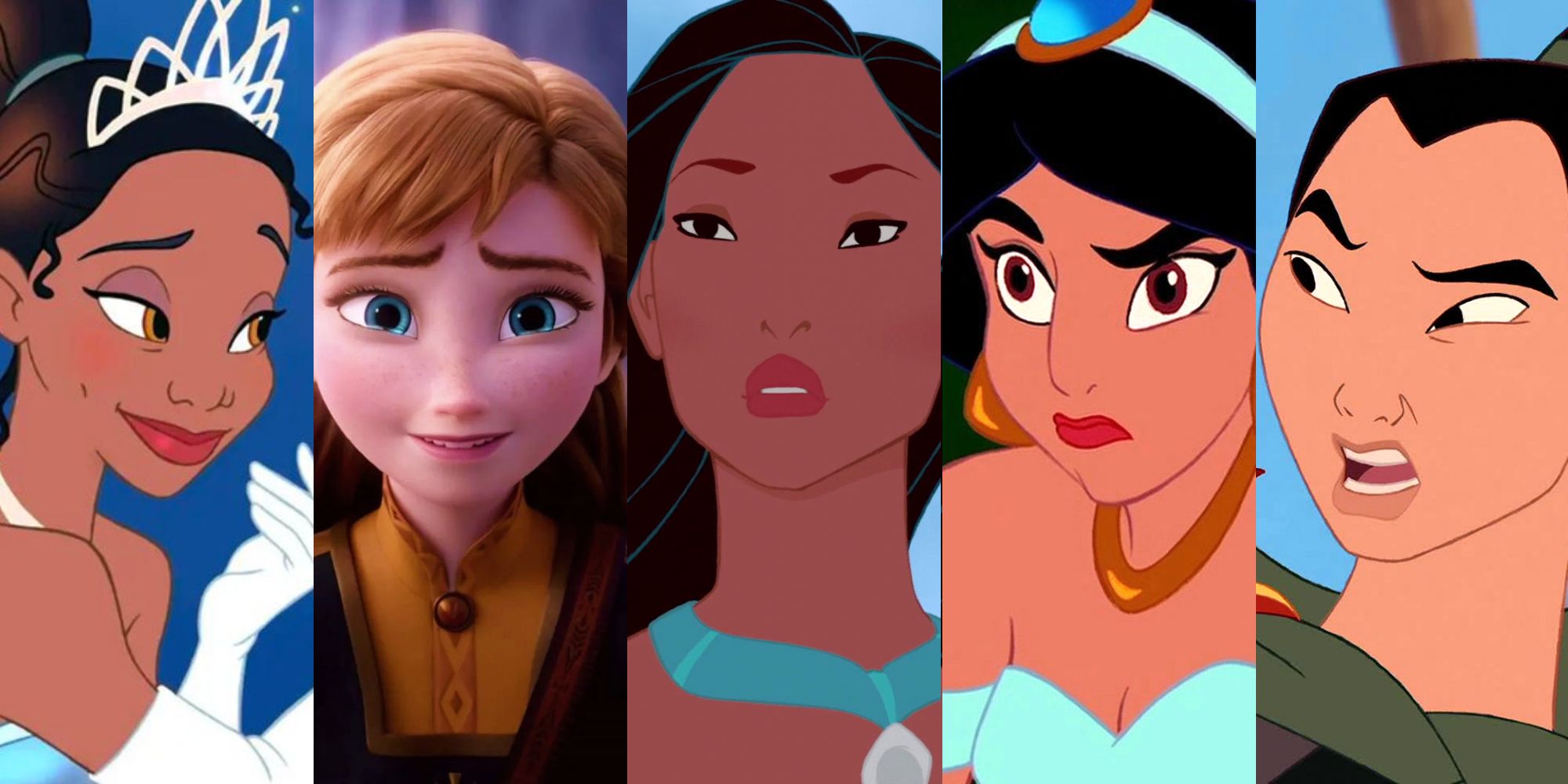 Split image: Tiana, Anna, Pocahontas, Jasmine and Mulan in Disney films