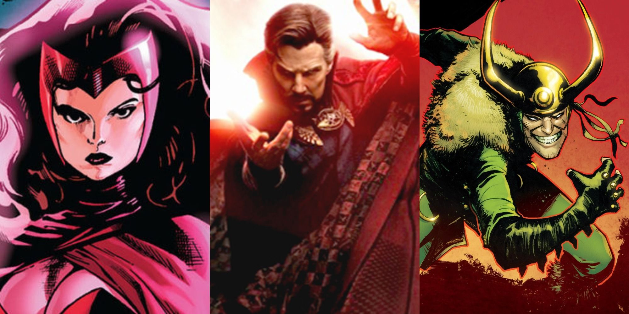 Split image of Scarlet Witch and Loki from Marvel Comics and Doctor Strange from Doctor Strange in the Multiverse of Madness.