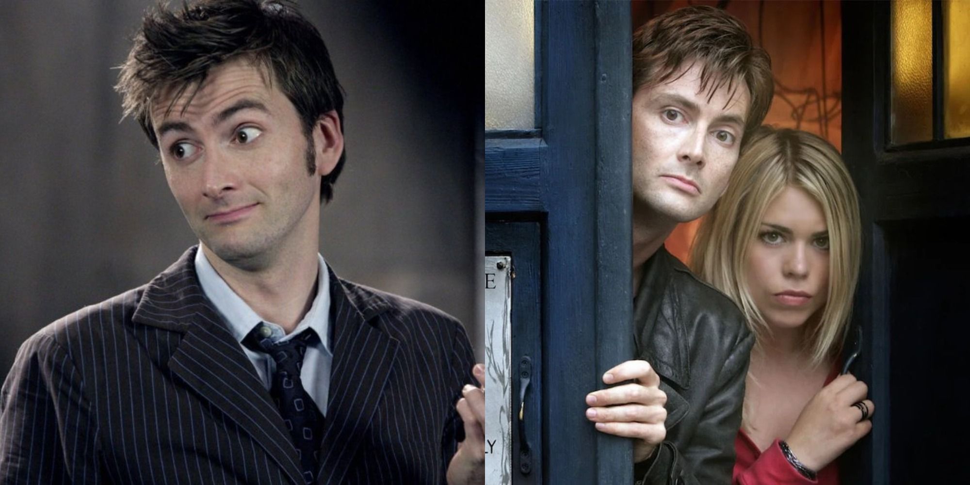A split image of David Tennant smiling and David Tennant and Billie Piper in a TARDIS