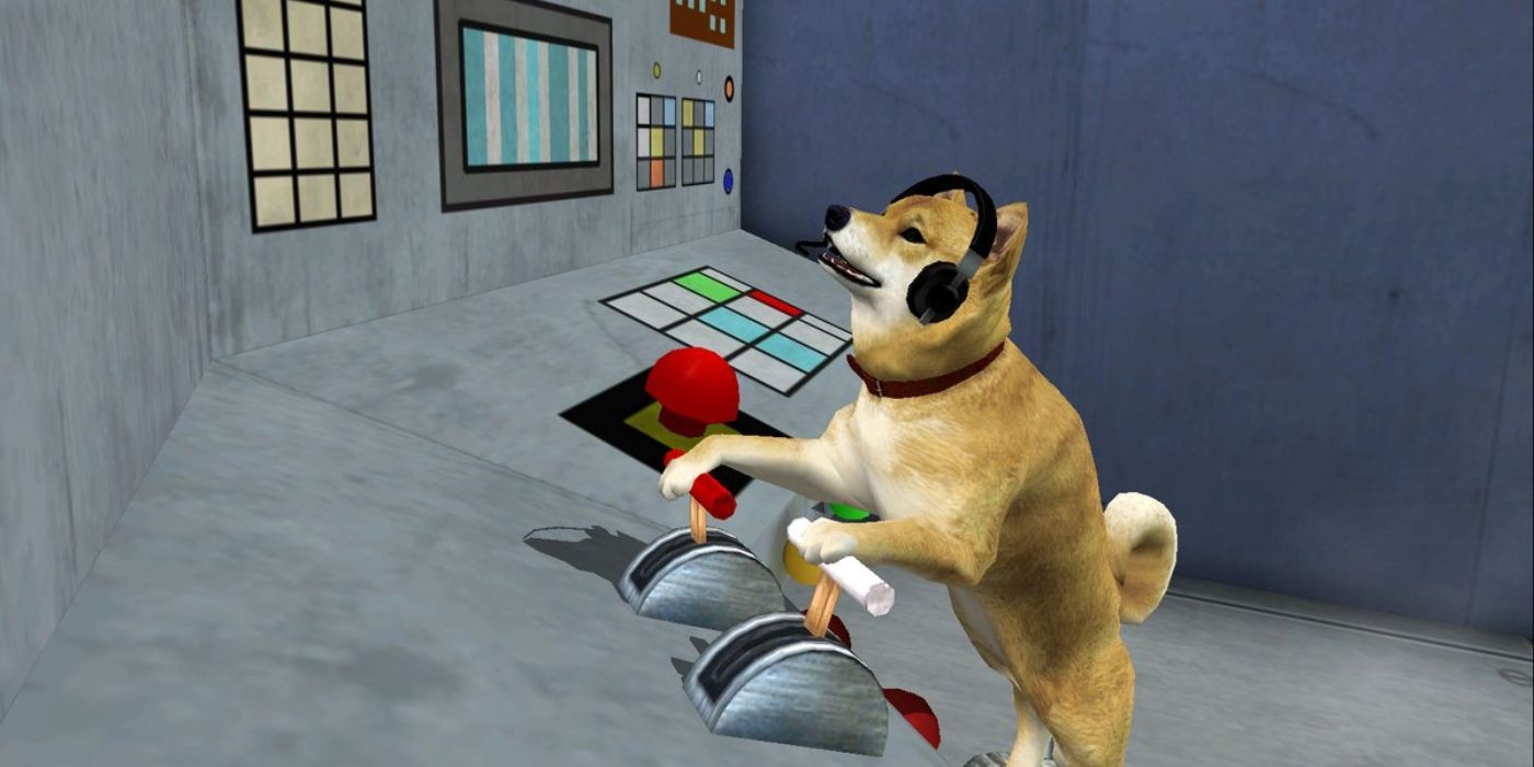 Um cachorro gerenciando um painel de controle no videogame Silent Hill 2