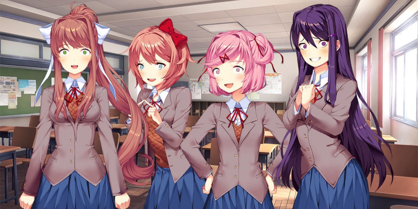 Doki Doki Literature Club characters Monika, Sayori, Natsuki, and Yuri looking flustered inside of a classroom.