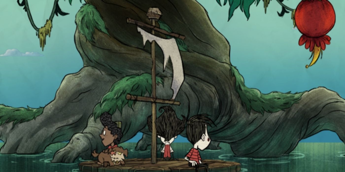Three characters in a makeshift boat in Don't Starve Together