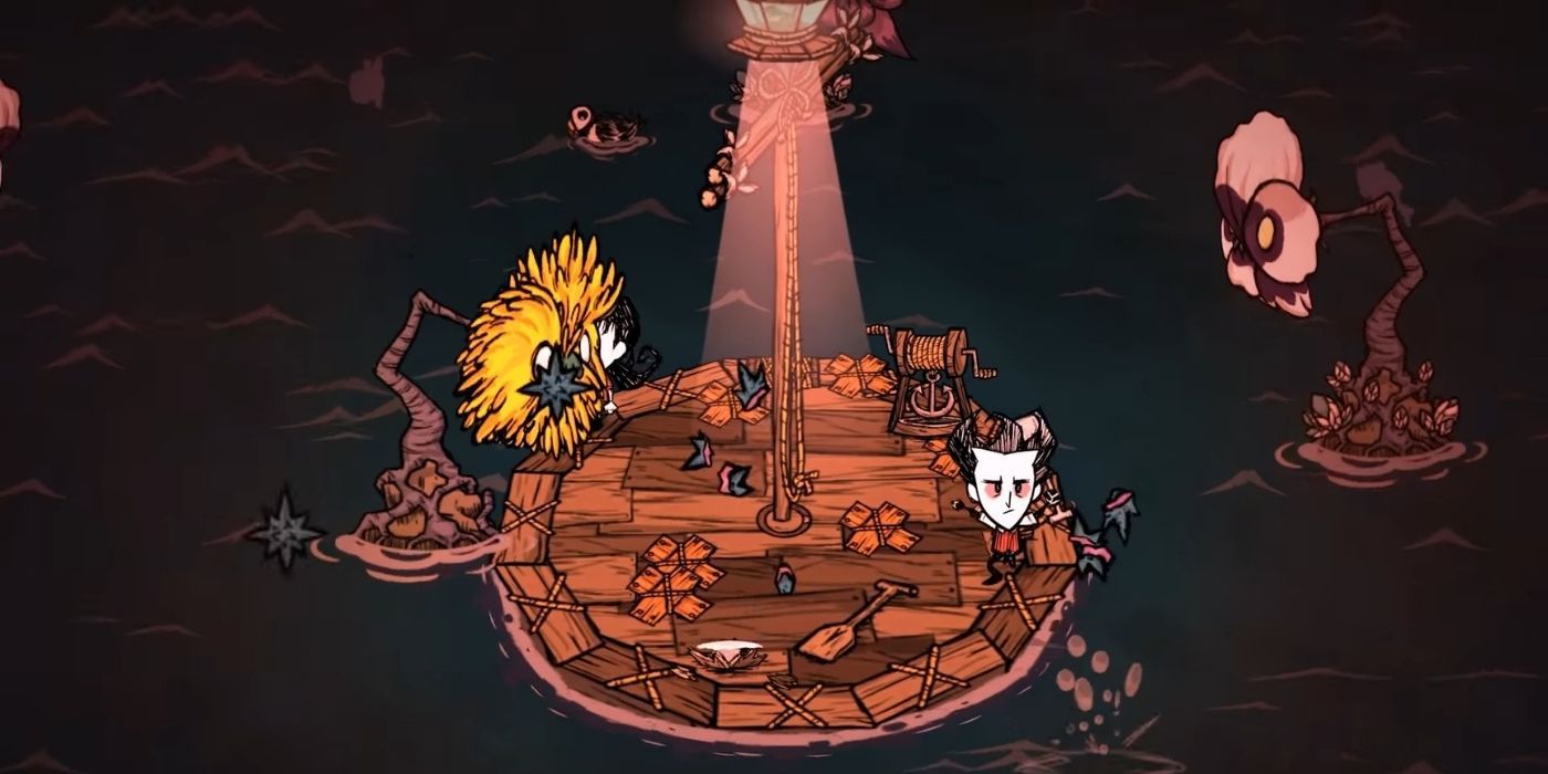 A character at sea in Don't Starve Together