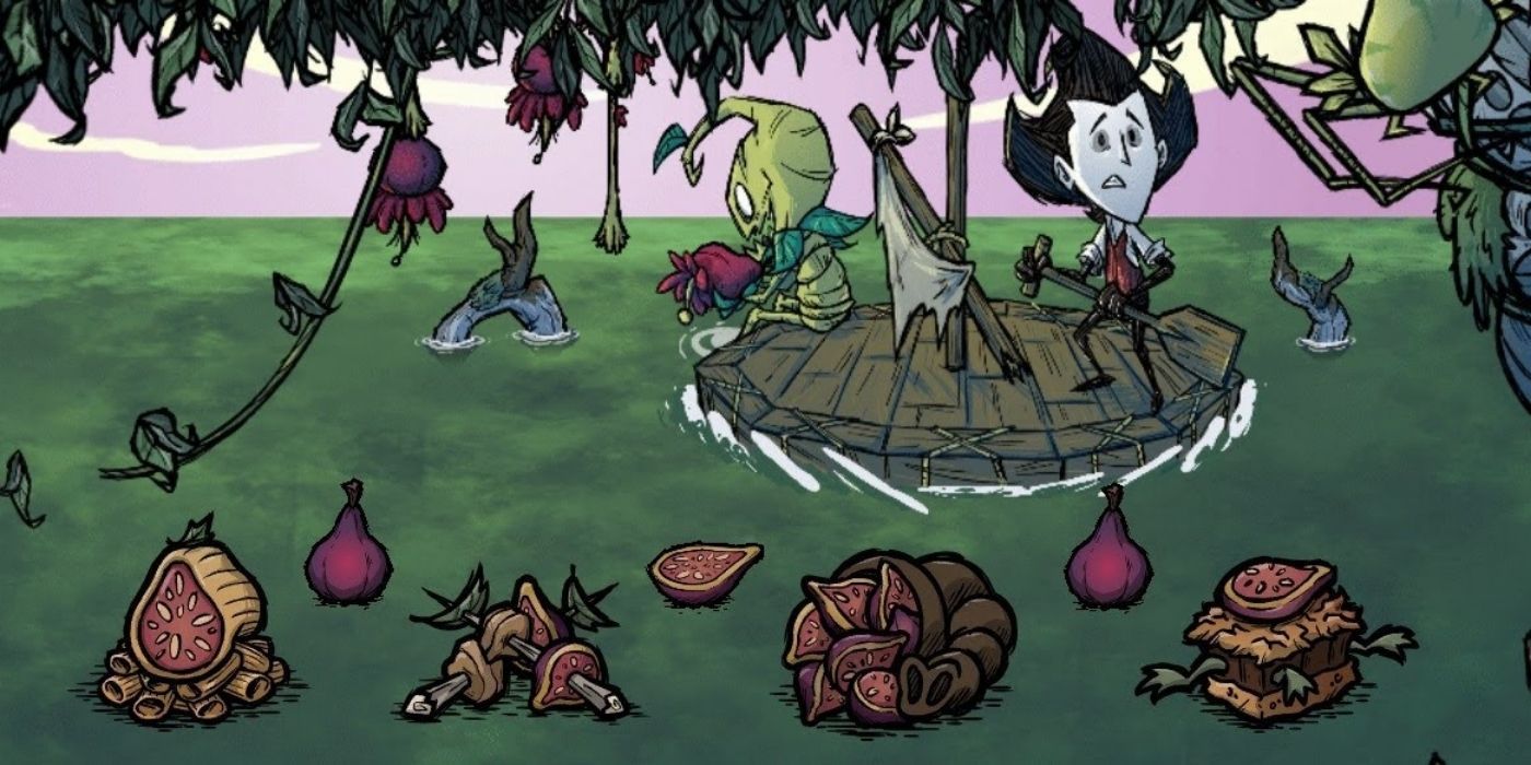 A character in a small boat surrounded by ingredients in Don't Starve Together